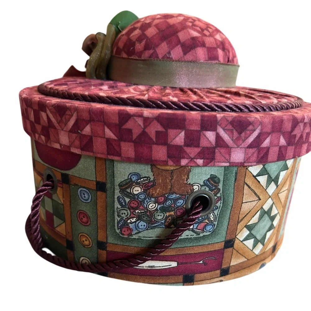 Vintage Fabric Covered Hat Box Shape Sewing Basket Organizer with Floral Accent